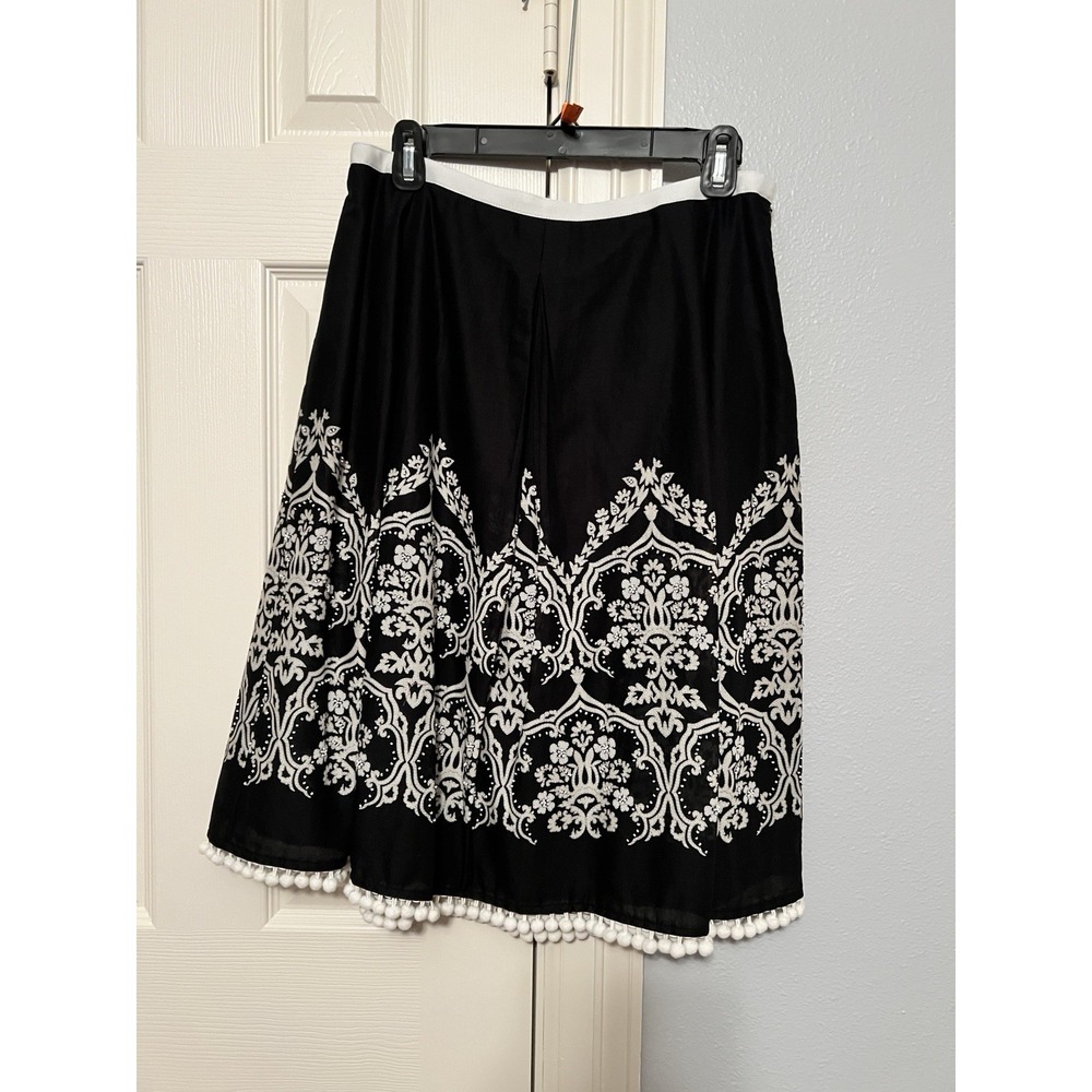Ann Taylor LOFT Skirt Black Pleated Sz 8P Lined Pom Trim Beaded Dark Fairy Core